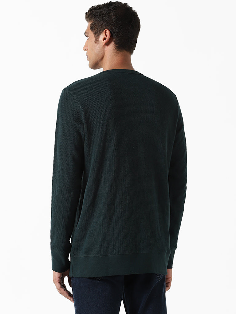 WES Casuals Solid Green Ribbed Slim-Fit Sweater