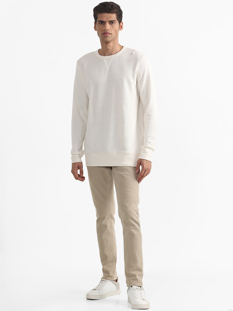 WES Casuals Plain Slim-Fit Off White Cotton Blend Sweater