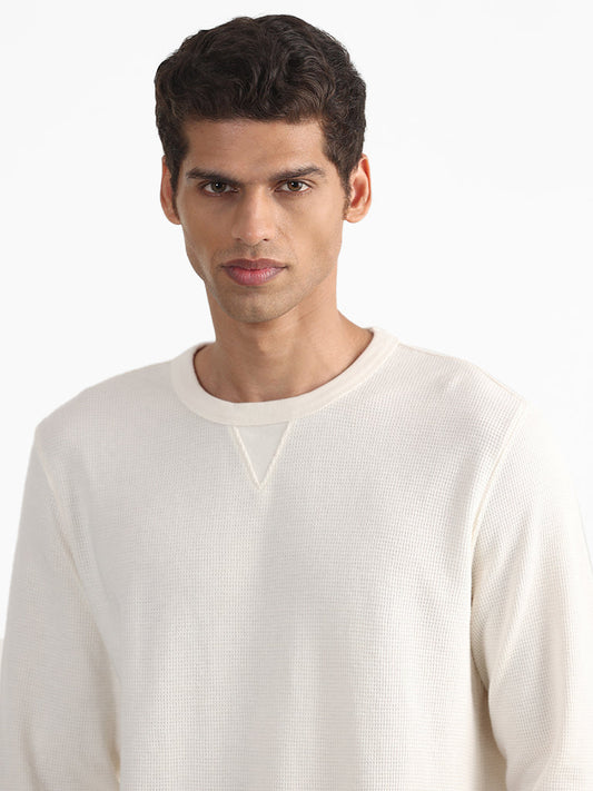 WES Casuals Plain Slim-Fit Off White Cotton Blend Sweater