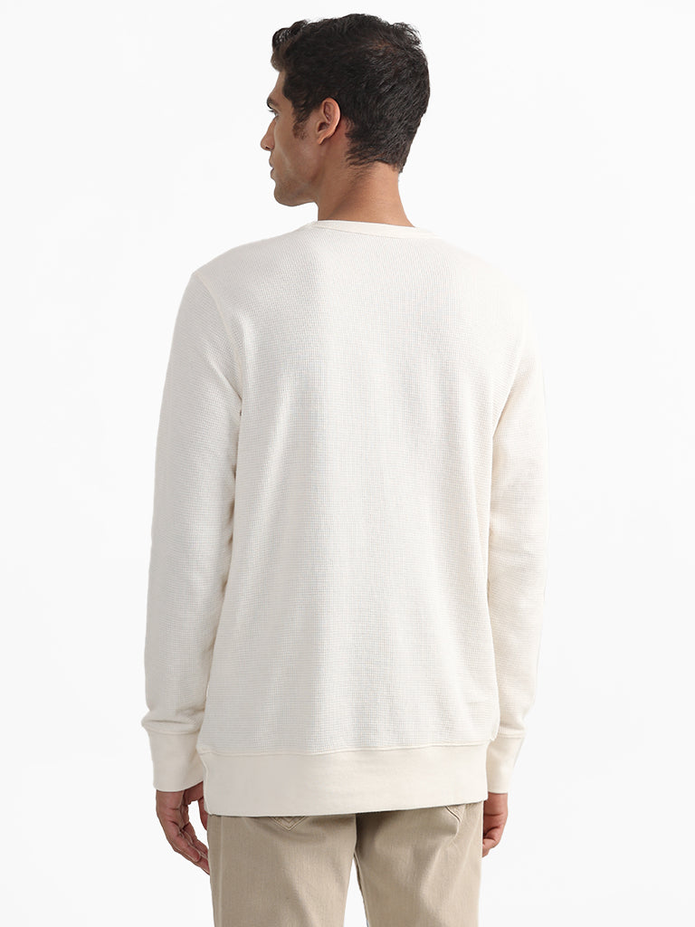 WES Casuals Plain Slim-Fit Off White Cotton Blend Sweater