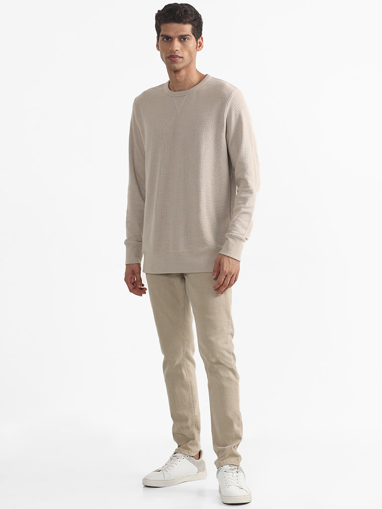 WES Casuals Patterned Beige Cotton Blend Slim-Fit Sweater