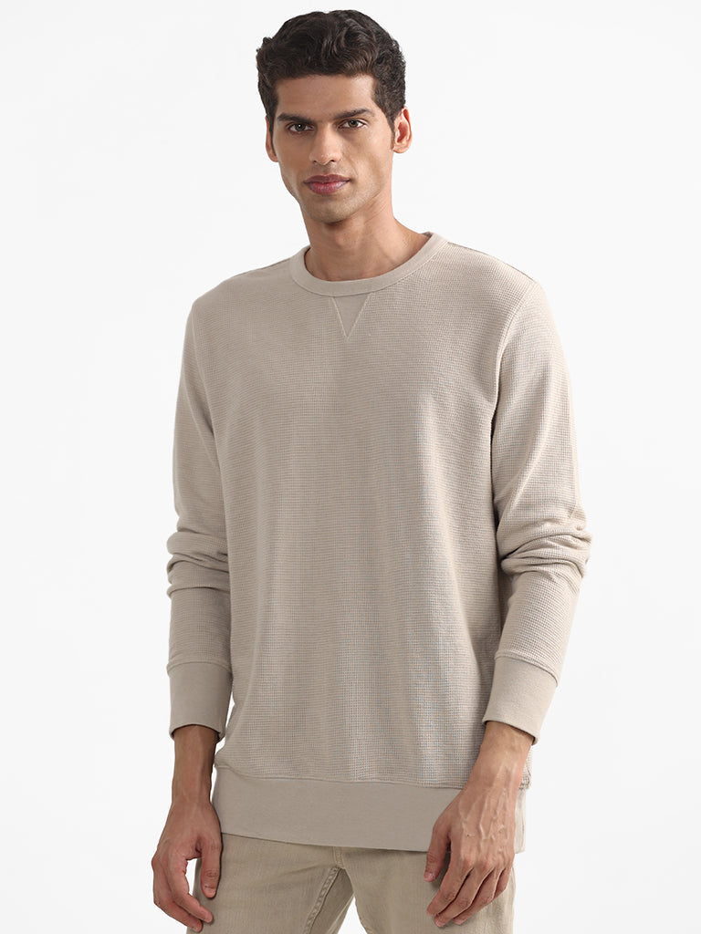 WES Casuals Patterned Beige Cotton Blend Slim-Fit Sweater