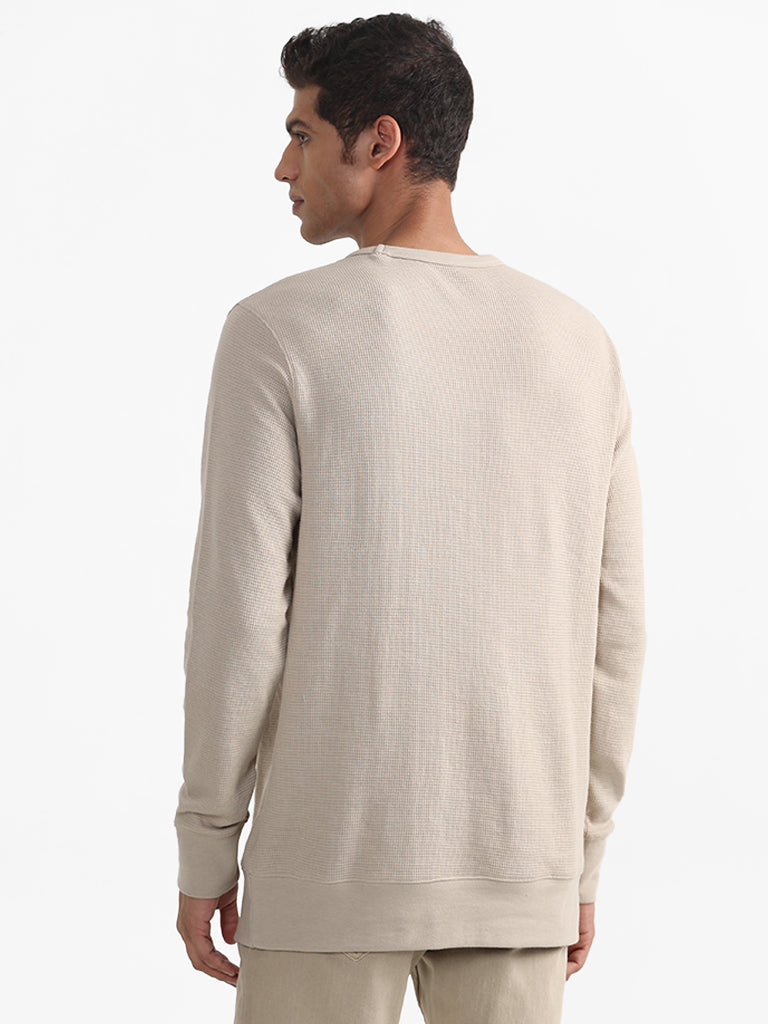 WES Casuals Patterned Beige Cotton Blend Slim-Fit Sweater