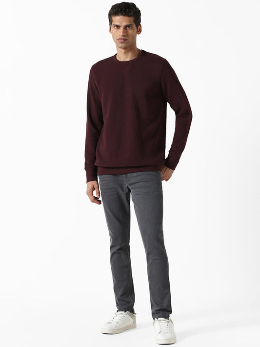 WES Casuals Solid Wine Ribbed Slim-Fit Sweater