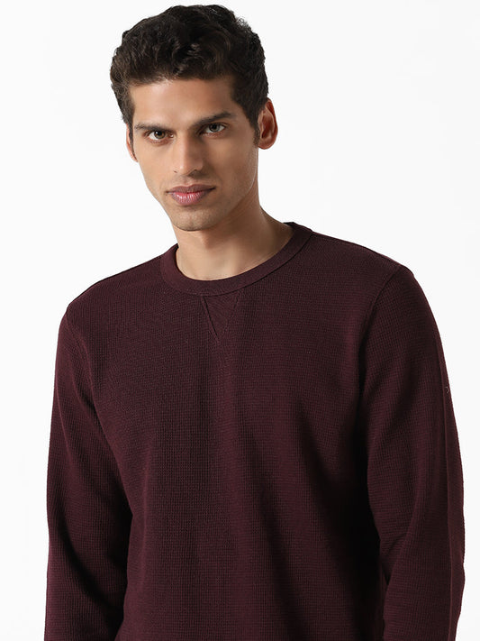 WES Casuals Solid Wine Ribbed Slim-Fit Sweater