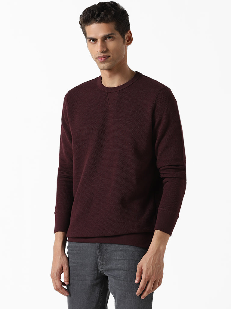 WES Casuals Solid Wine Ribbed Slim-Fit Sweater