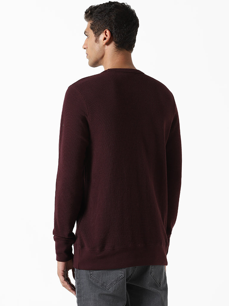 WES Casuals Solid Wine Ribbed Slim-Fit Sweater