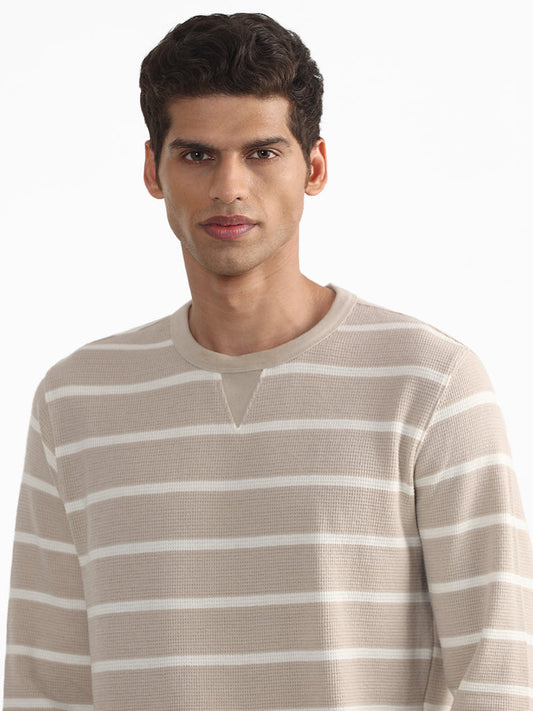 WES Casuals Striped Beige Cotton Blend Slim-Fit Sweater