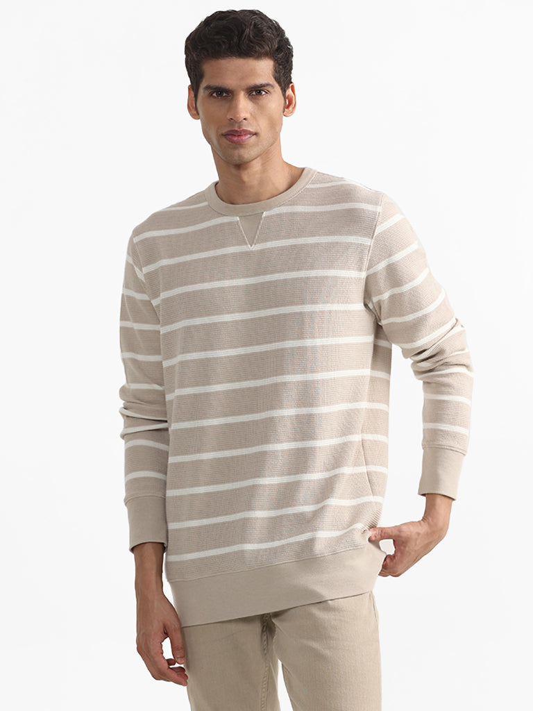 WES Casuals Striped Beige Cotton Blend Slim-Fit Sweater