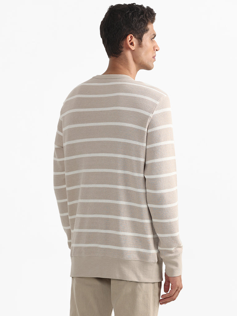 WES Casuals Striped Beige Cotton Blend Slim-Fit Sweater