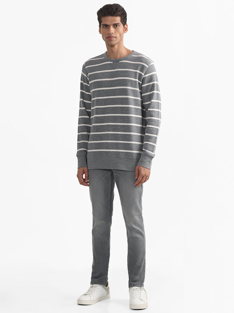 WES Casuals Striped Grey Cotton Blend Slim-Fit Sweater