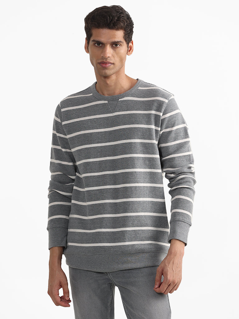 WES Casuals Striped Grey Cotton Blend Slim-Fit Sweater