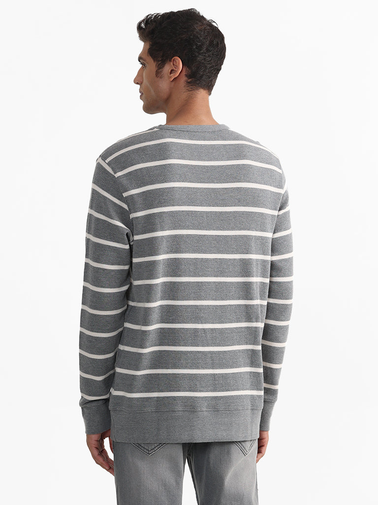 WES Casuals Striped Grey Cotton Blend Slim-Fit Sweater