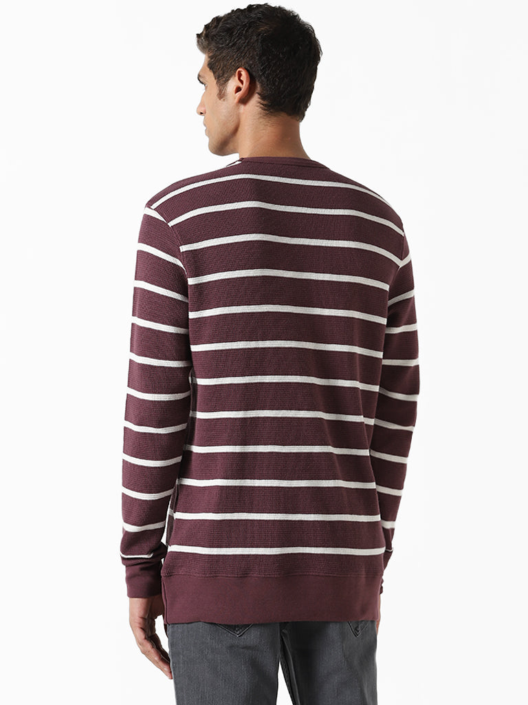 WES Casuals Striped Mauve Ribbed Slim-Fit Sweater