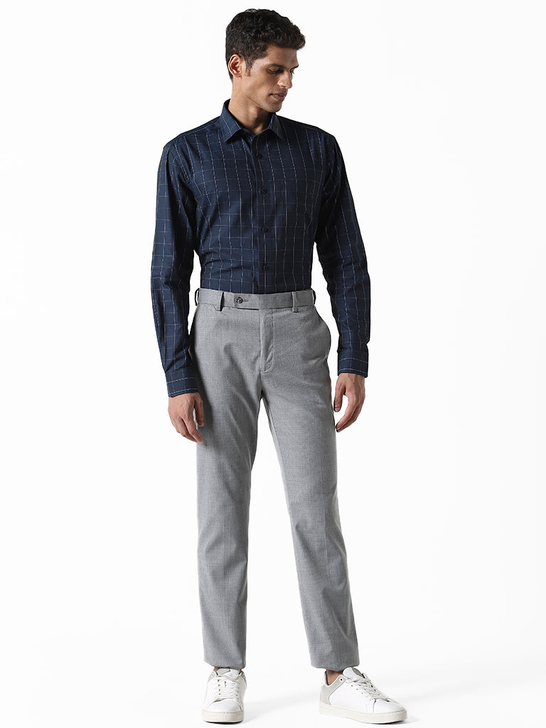 WES Formals Checked Blue Cotton Relaxed-Fit Shirt