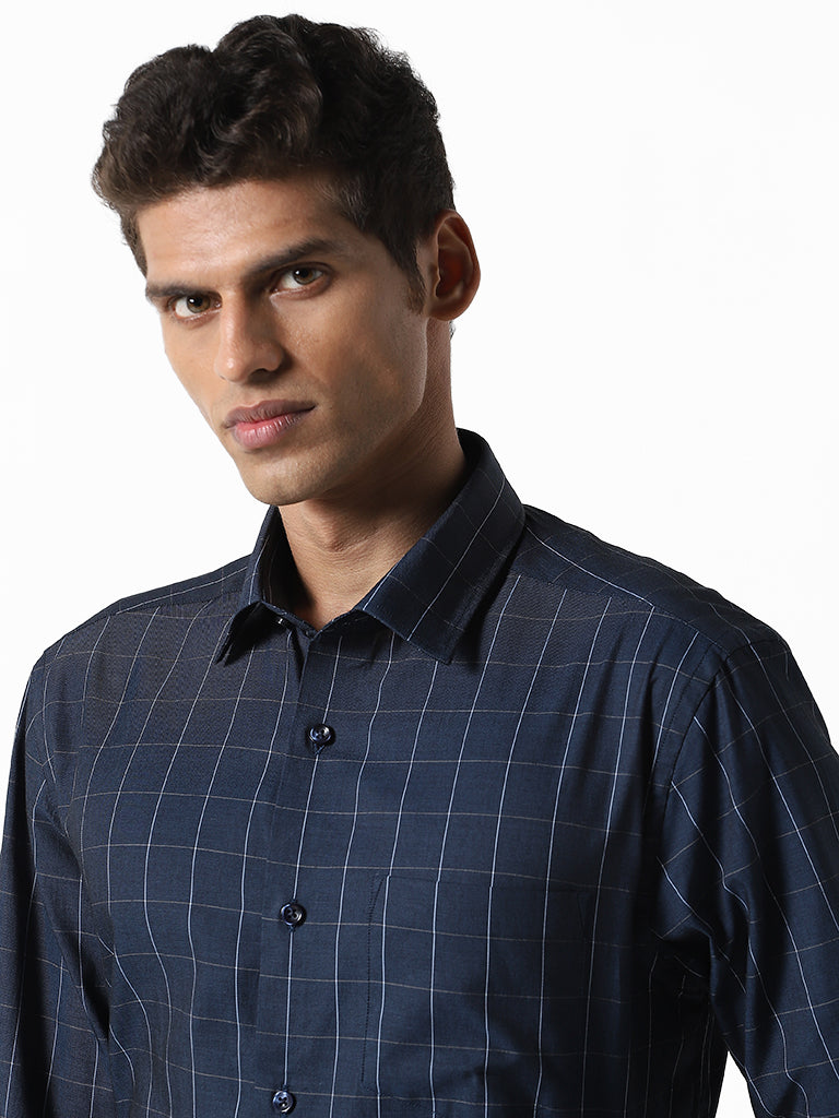 WES Formals Checked Blue Cotton Relaxed-Fit Shirt