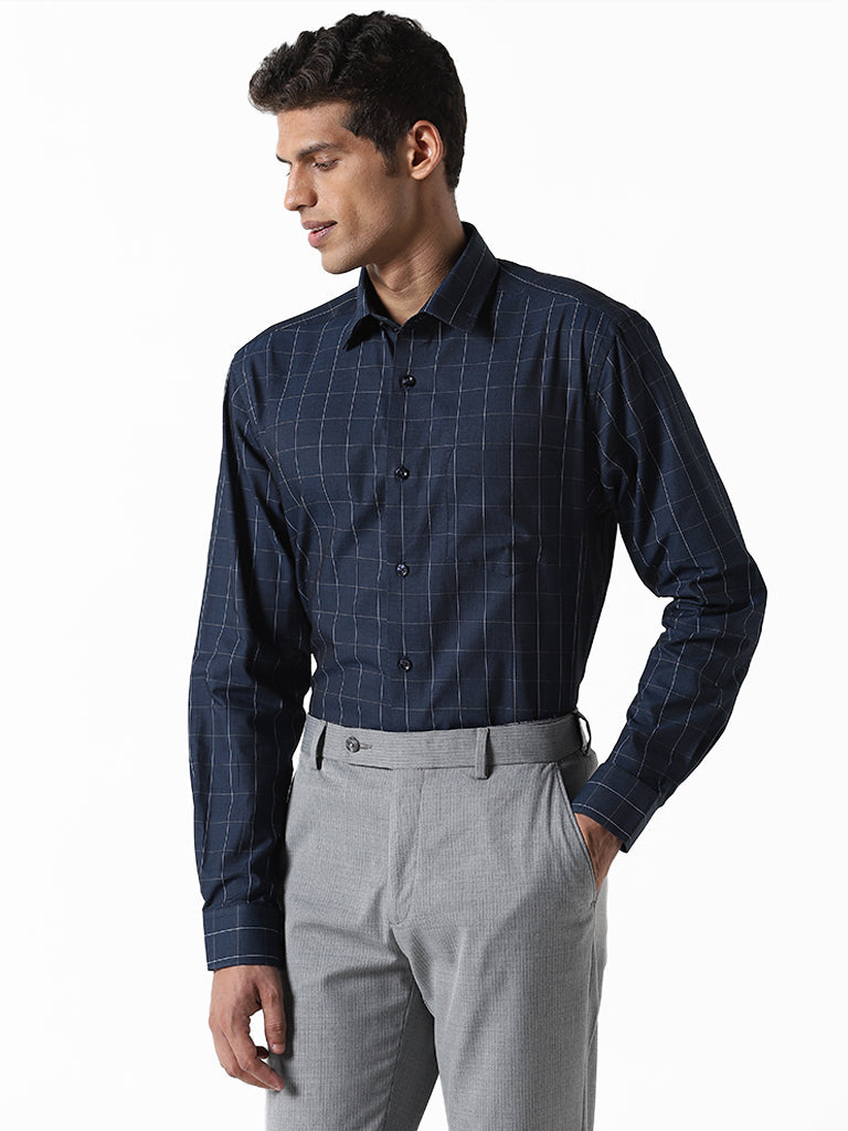 WES Formals Checked Blue Cotton Relaxed-Fit Shirt