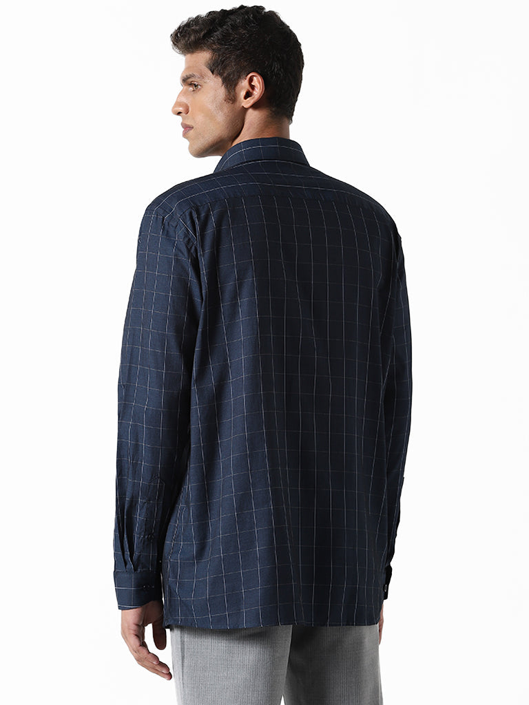 WES Formals Checked Blue Cotton Relaxed-Fit Shirt