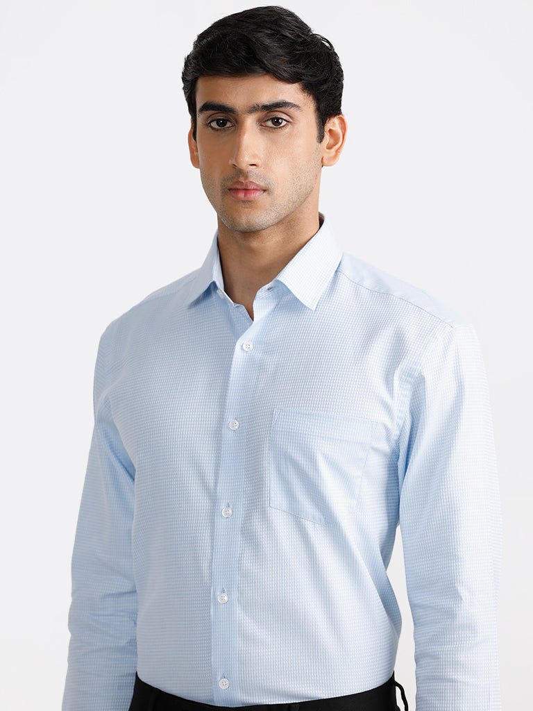 WES Formals Checked Blue Cotton Relaxed-Fit Shirt