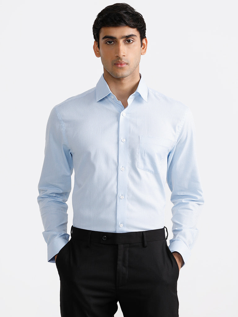 WES Formals Checked Blue Cotton Relaxed-Fit Shirt