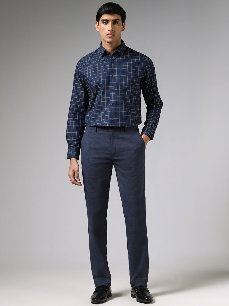 WES Formals Classic Checked Navy Cotton Slim-Fit Shirt