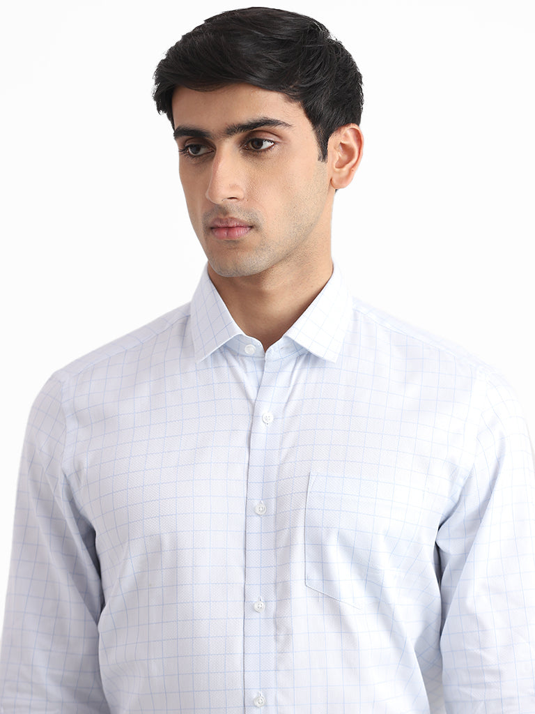 WES Formals Checked Slim-Fit Blue Cotton Shirt