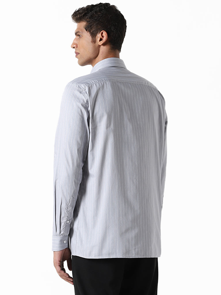 WES Formals Striped Grey Cotton Slim-Fit Shirt