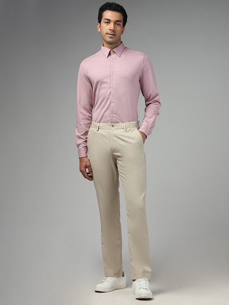 WES Formals Solid Dusty Pink Cotton Blend Slim-Fit Shirt