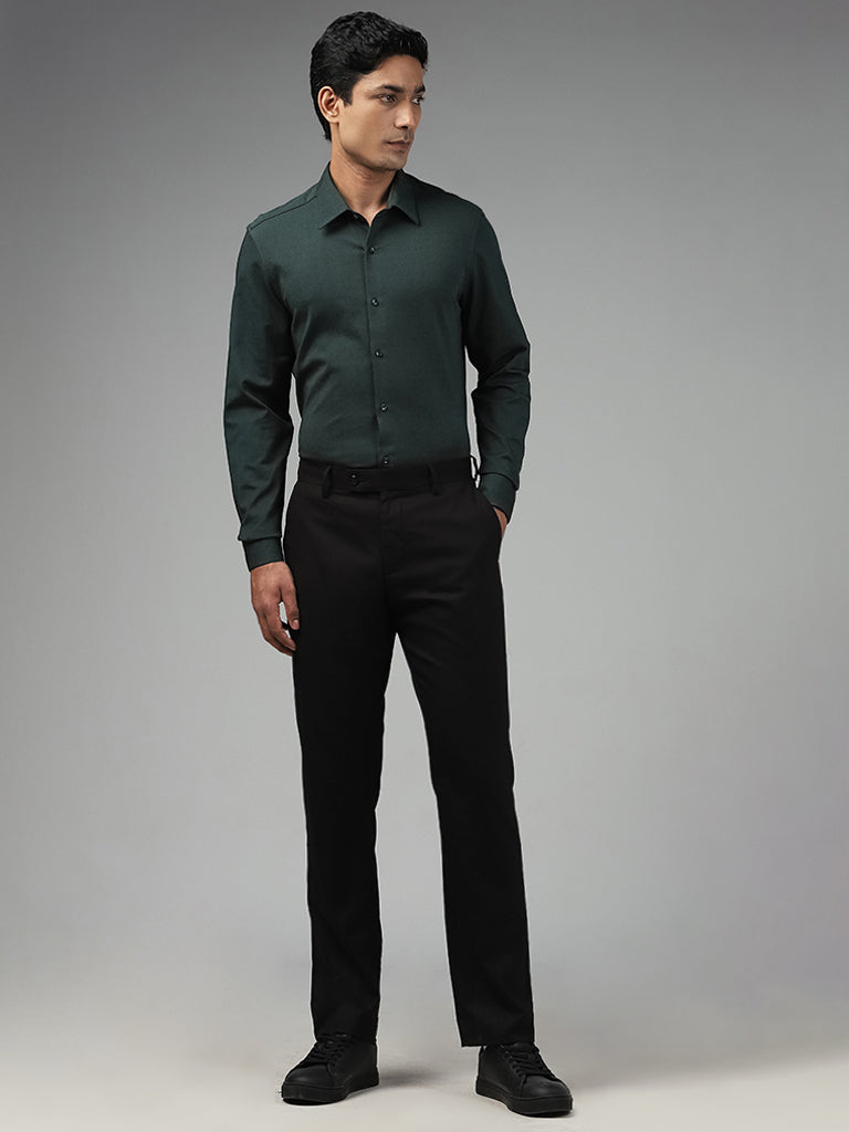 WES Formals Plain Emerald Green Cotton Blend Slim-Fit Shirt