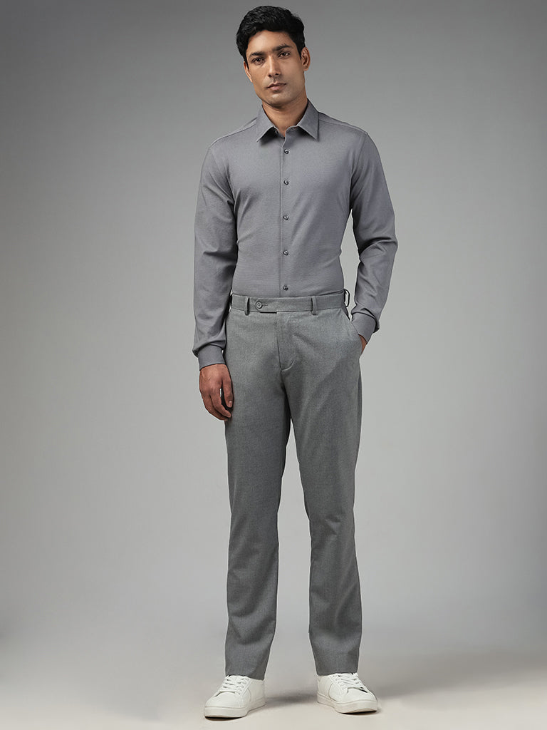 WES Formals Plain Grey Cotton Blend Slim-Fit Shirt