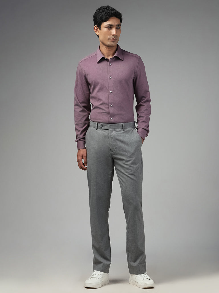 WES Formals Plain Plum Cotton Blend Slim-Fit Shirt