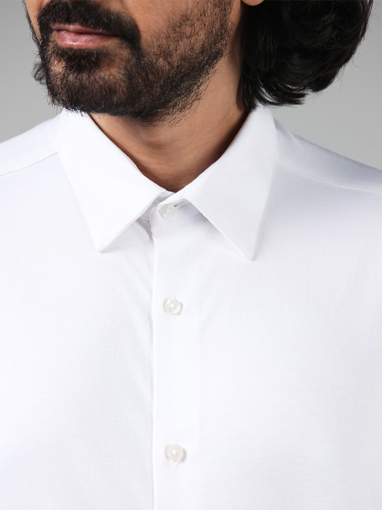 WES Formals Solid White Cotton Blend Slim-Fit Shirt