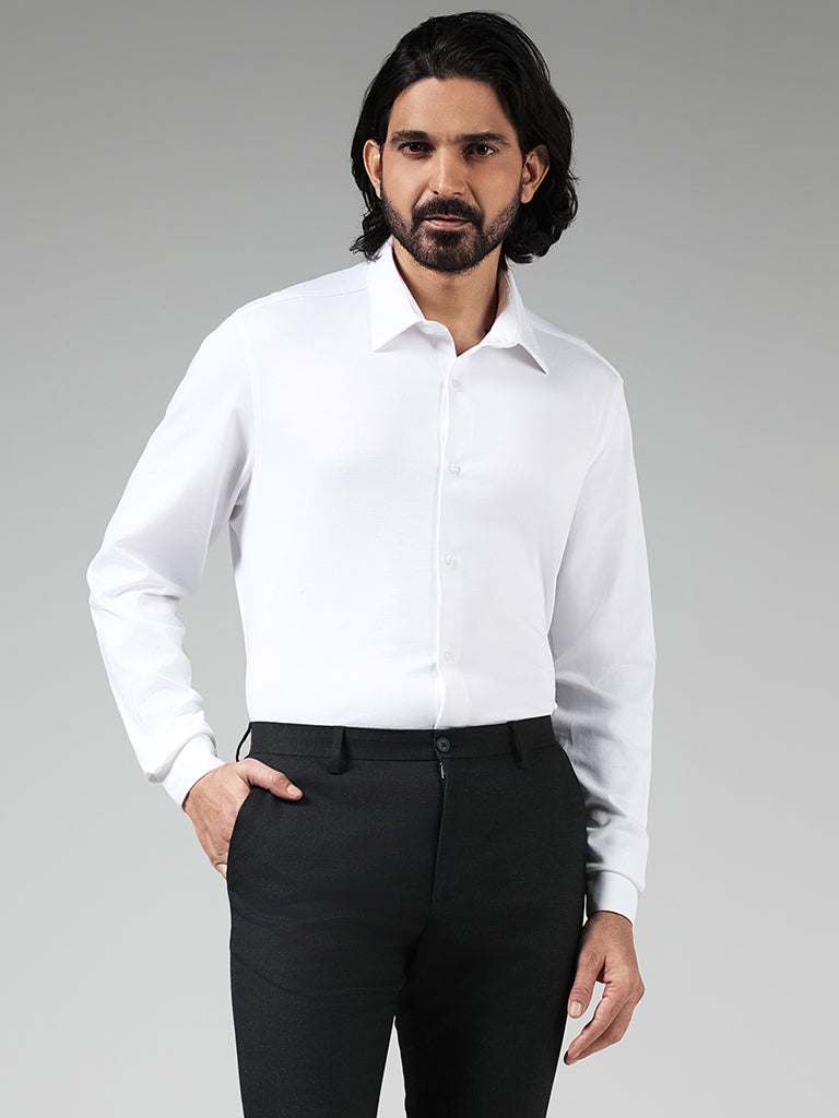 WES Formals Solid White Cotton Blend Slim-Fit Shirt