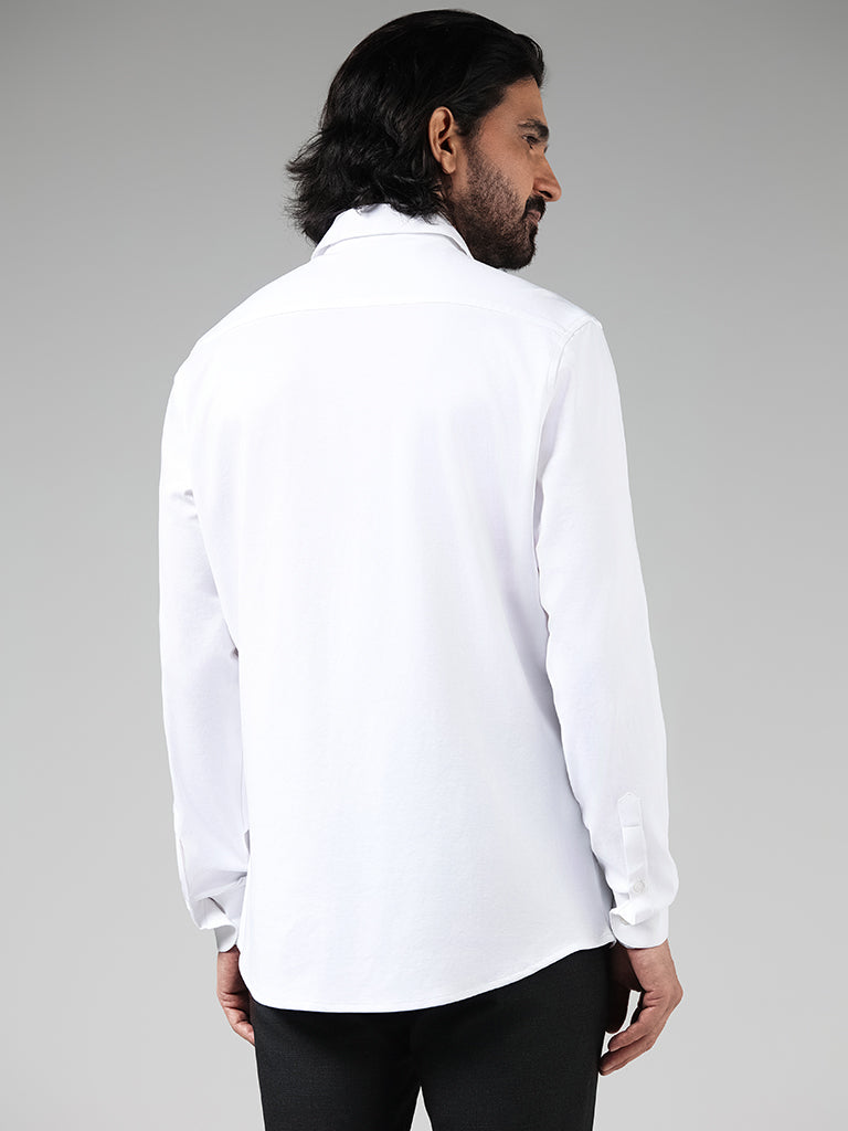 WES Formals Solid White Cotton Blend Slim-Fit Shirt