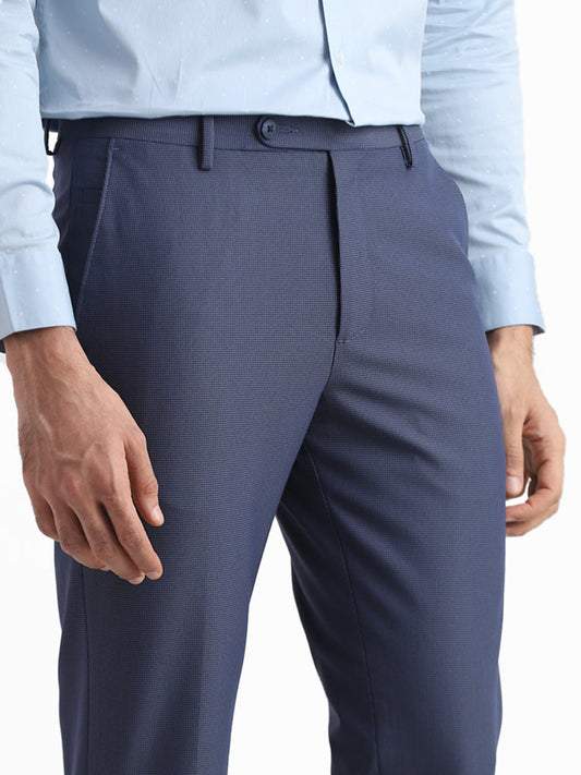 WES Formals Checked Mid Blue Slim-Fit Mid-Rise Trousers