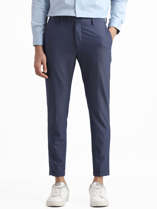 WES Formals Checked Mid Blue Slim-Fit Mid-Rise Trousers