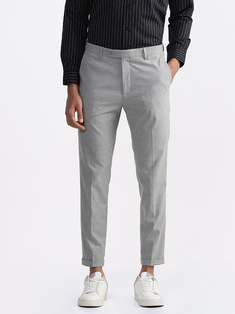 WES Formals Checked Slim-Fit Mid-Rise Light Grey Trousers