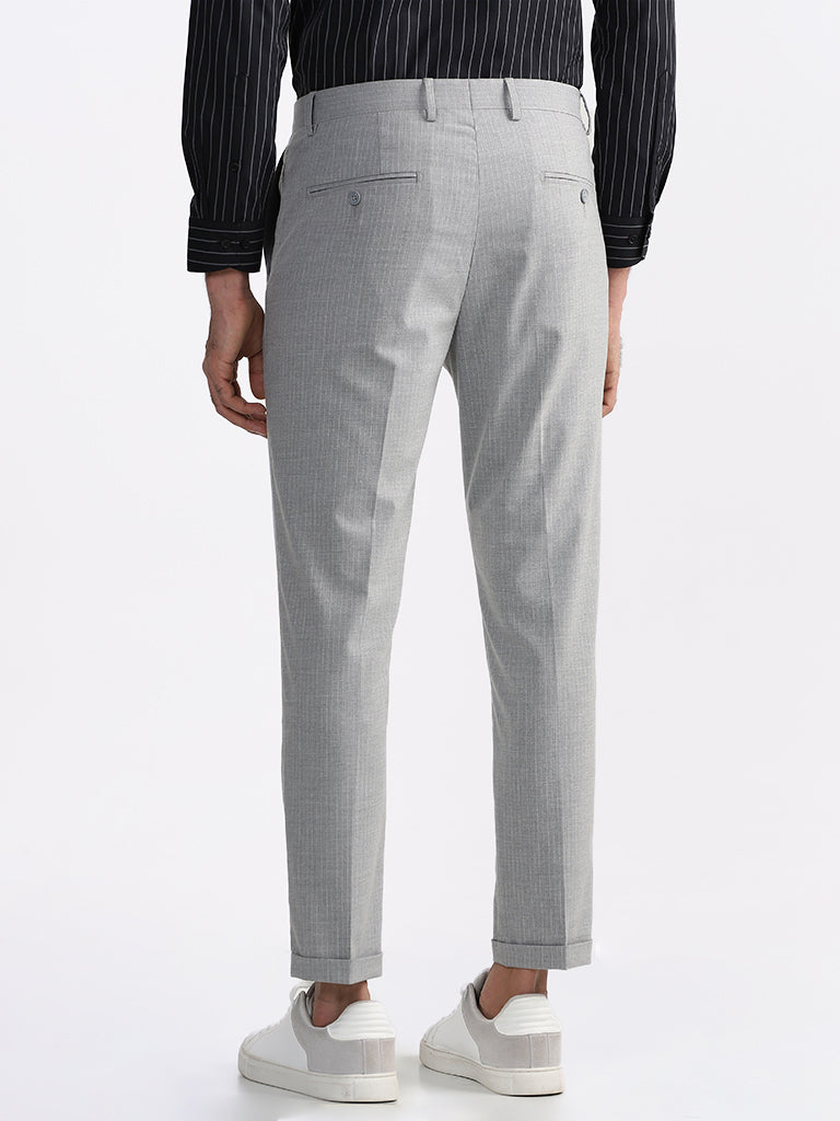 WES Formals Checked Slim-Fit Mid-Rise Light Grey Trousers