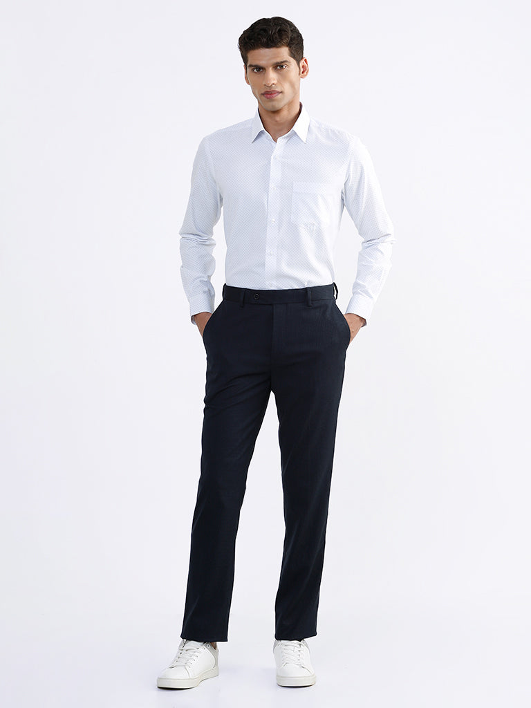 WES Formals Plain Navy Slim-Fit Mid-Rise Trousers