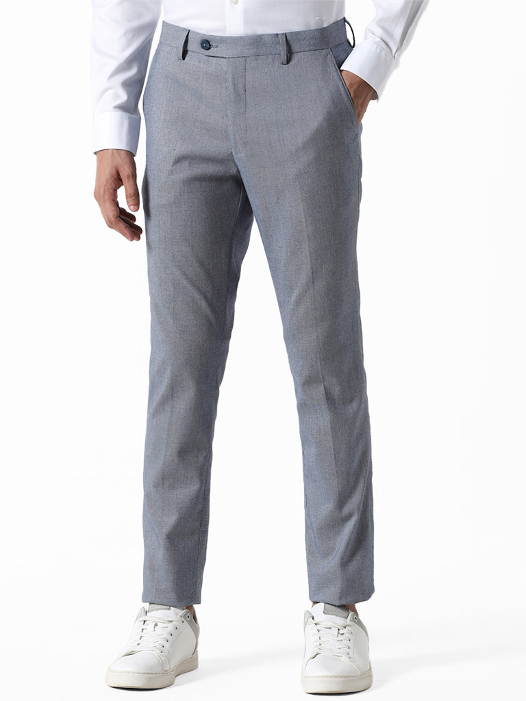 WES Formals Solid Navy Slim-Fit Mid-Rise Trousers