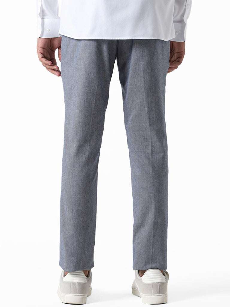 WES Formals Solid Navy Slim-Fit Mid-Rise Trousers