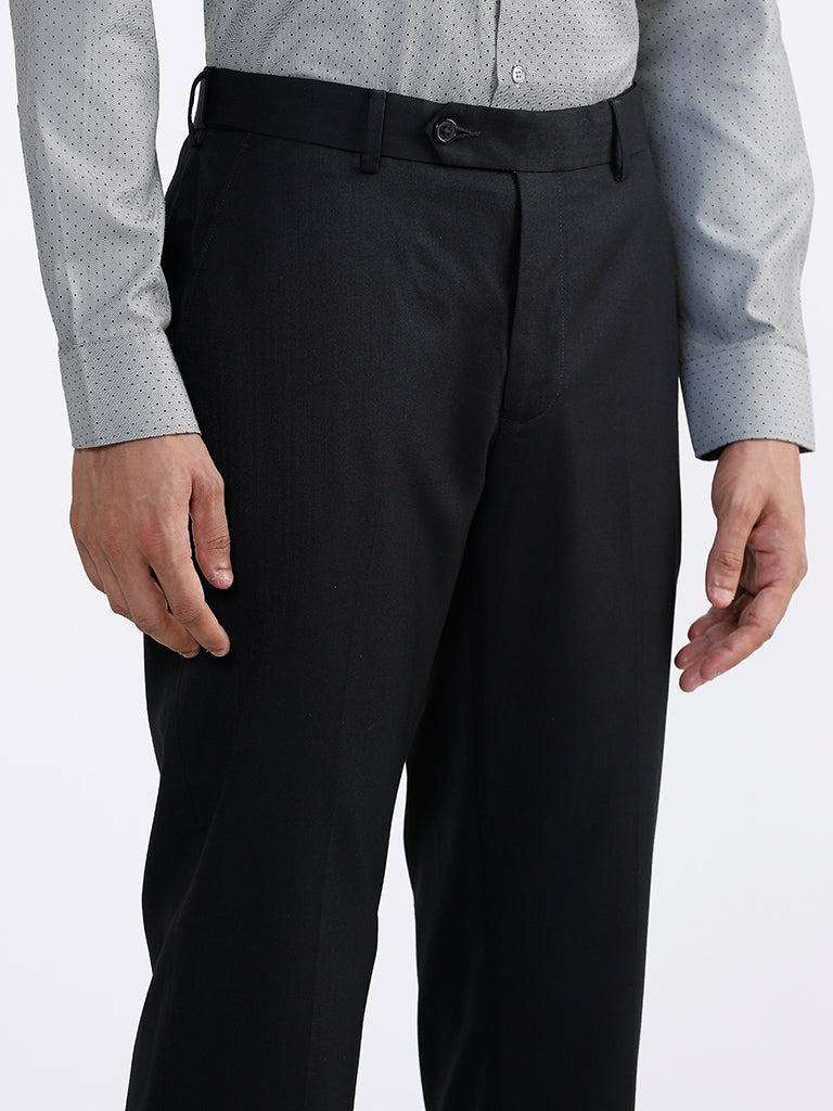 WES Formals Plain Navy Relaxed-Fit Mid-Rise Trousers