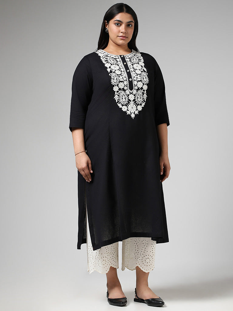 Diza Black Yoke Floral Embroidered Kurta