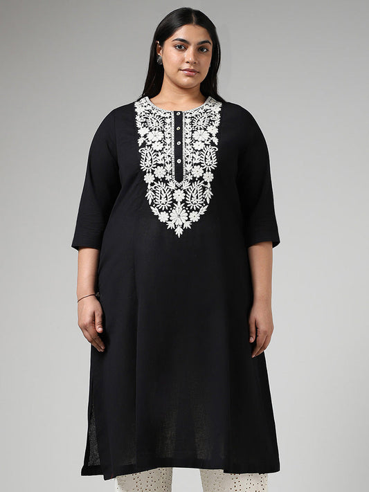 Diza Black Yoke Floral Embroidered Kurta