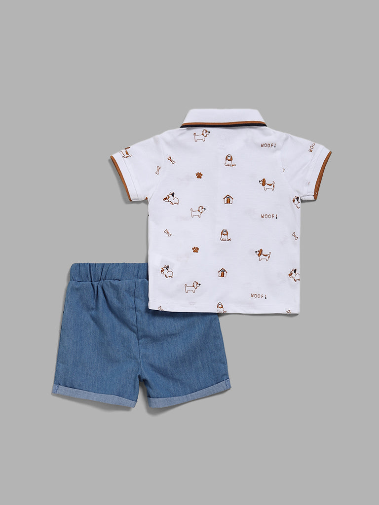 HOP Baby White Embroidered Polo T-Shirt & Denim Shorts Set