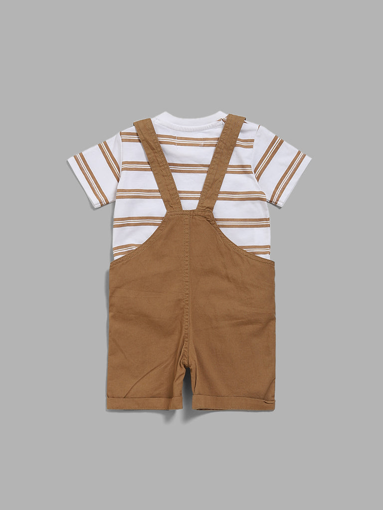 HOP Baby Tan Striped T-Shirt & Dog Printed Dungaree Shorts Set