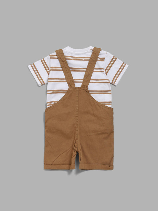 HOP Baby Tan Striped T-Shirt & Dog Printed Dungaree Shorts Set