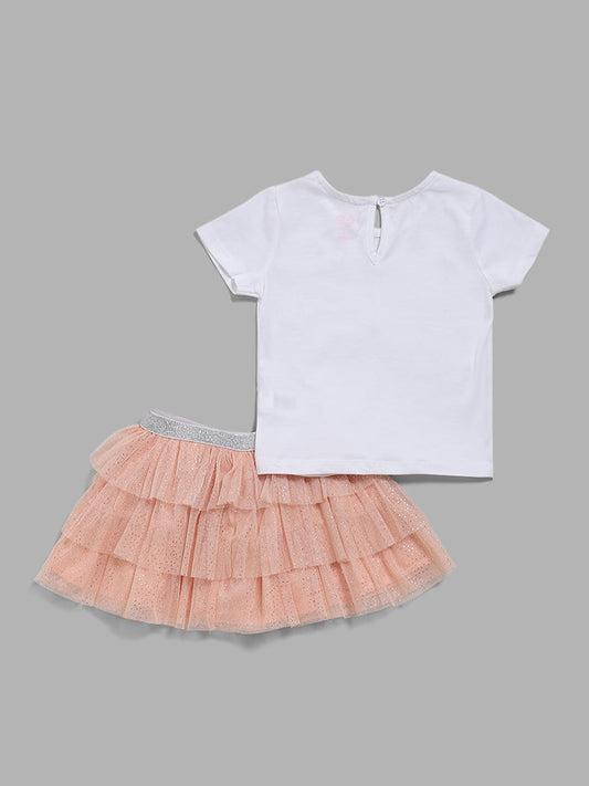 HOP Baby White T-Shirt & Peach Tutu Skirt Set