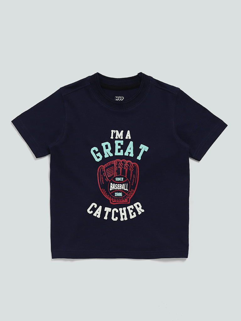 HOP Kids Navy Typographic Printed Catch T-Shirt