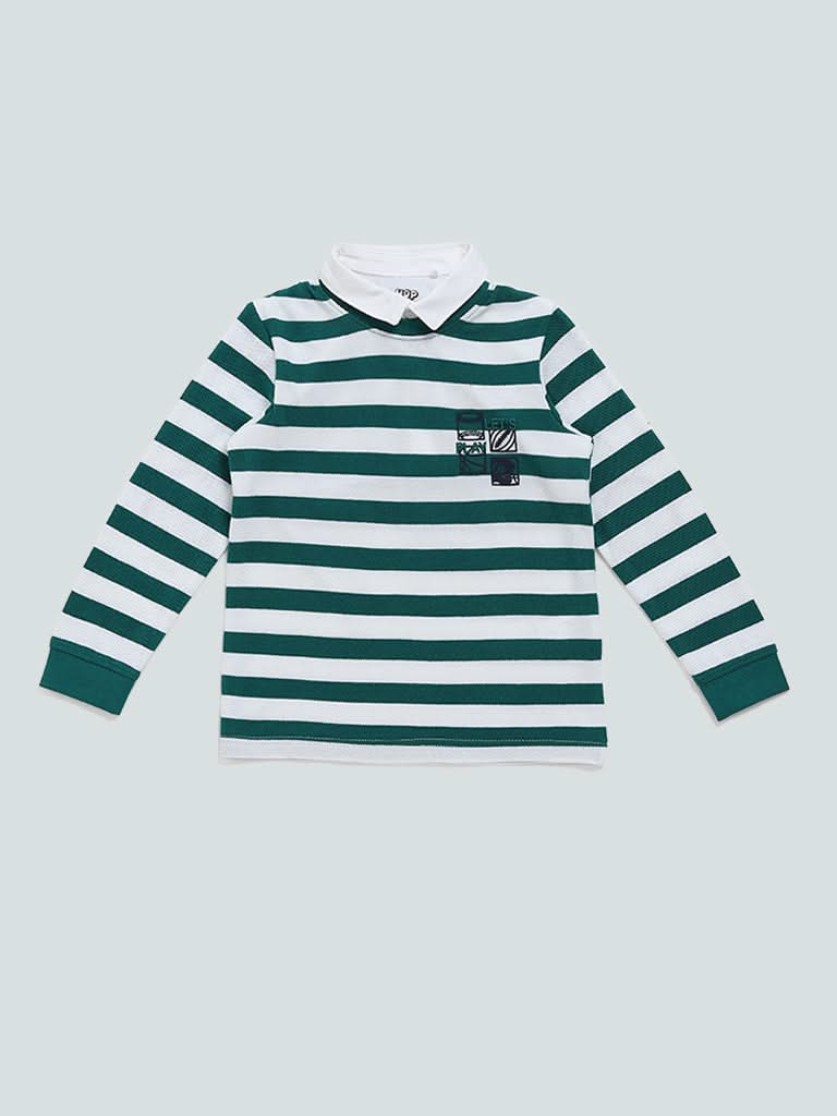 HOP Kids Green Striped Collar Neck T-Shirt